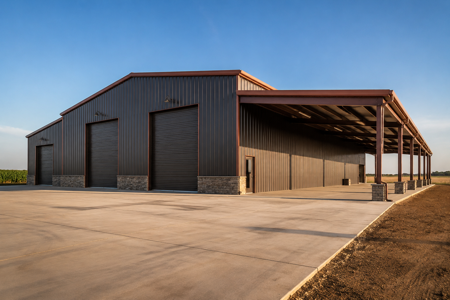 Large charcoal metal workshop with multiple roll-up doors
